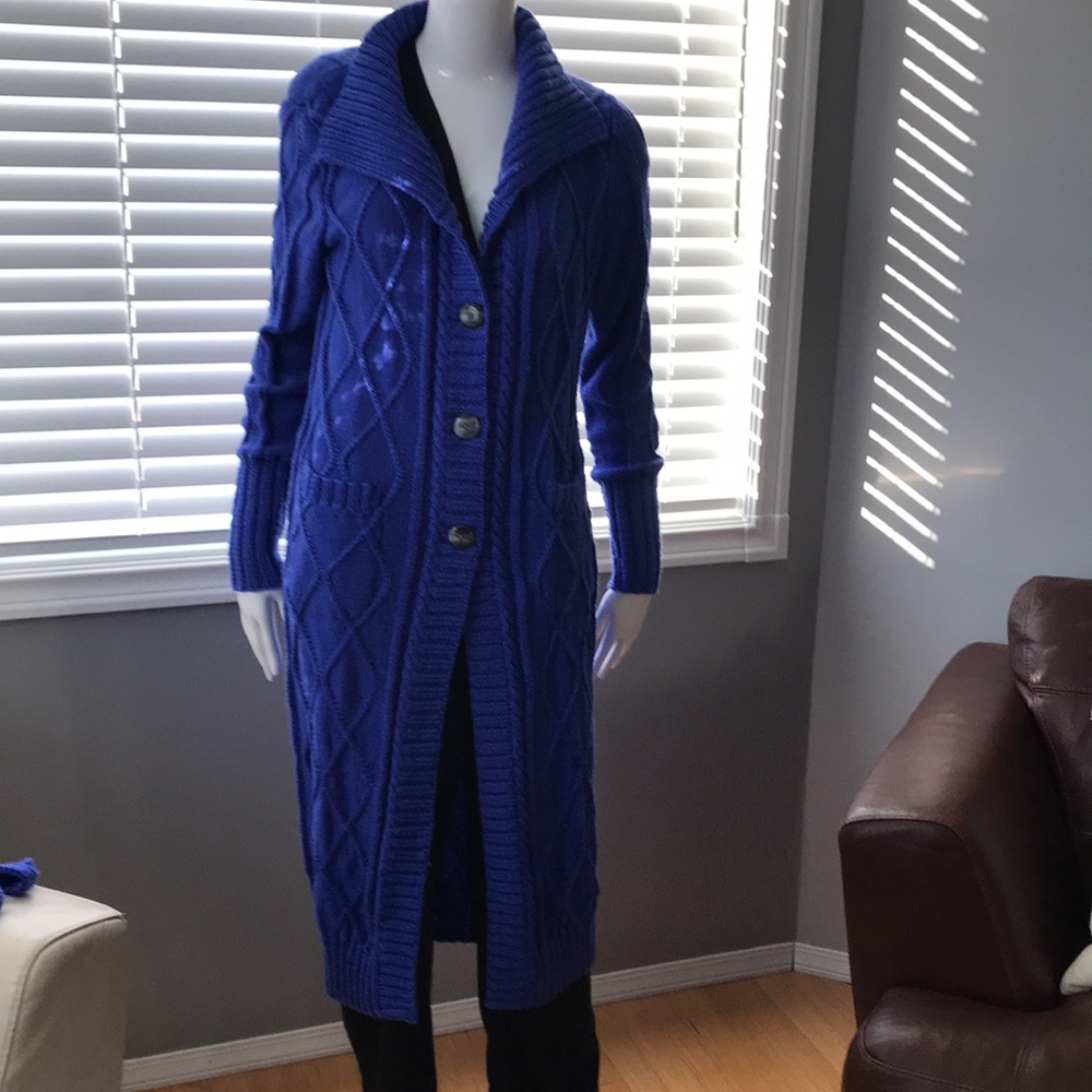 Long Royal Blue Cable Knit Cardigan Sweater